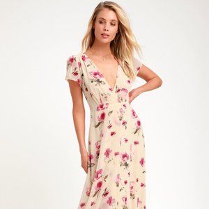 Lulu's Gift of Love Cream Floral Print Short Sleeve Maxi Dress - Small